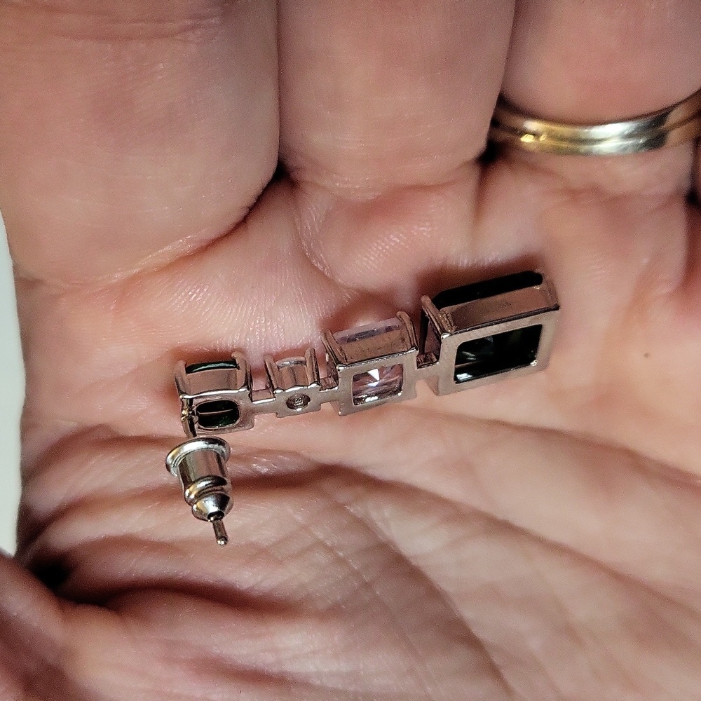Emerald Cushion Cut Diamond Drop Earrings Statement Silver - Picture 5 of 5